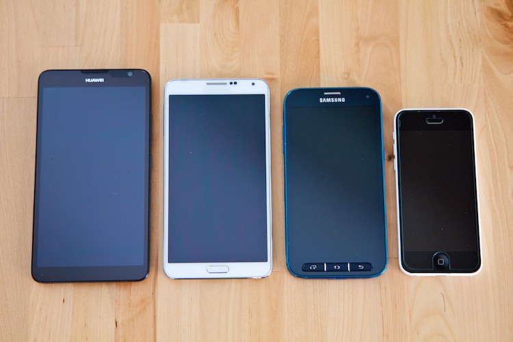 From left to right: Huawei Ascend Mate 2, Samsung Note 3, Samsung Galaxy S5 Sport, Apple iPhone 5C