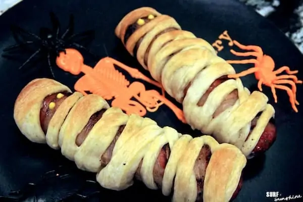 bacon wrapped sausage mummies halloween recipe 1