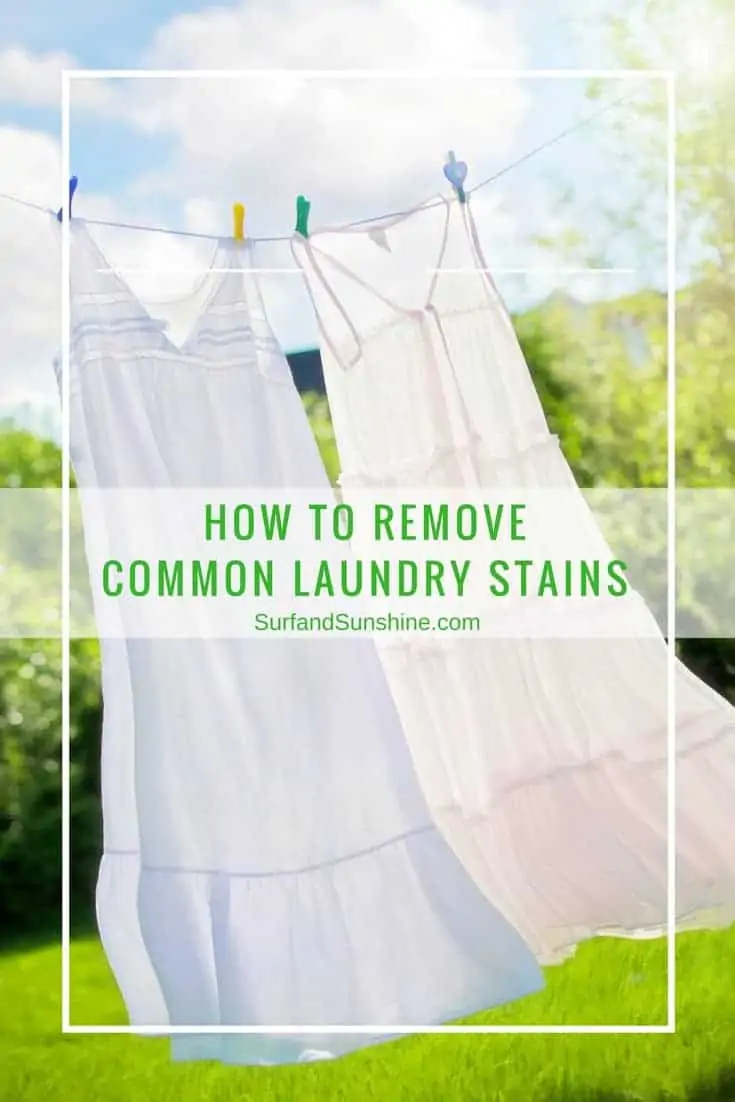 dresses hanging on a clothes line captioned how to remove common laundry stains