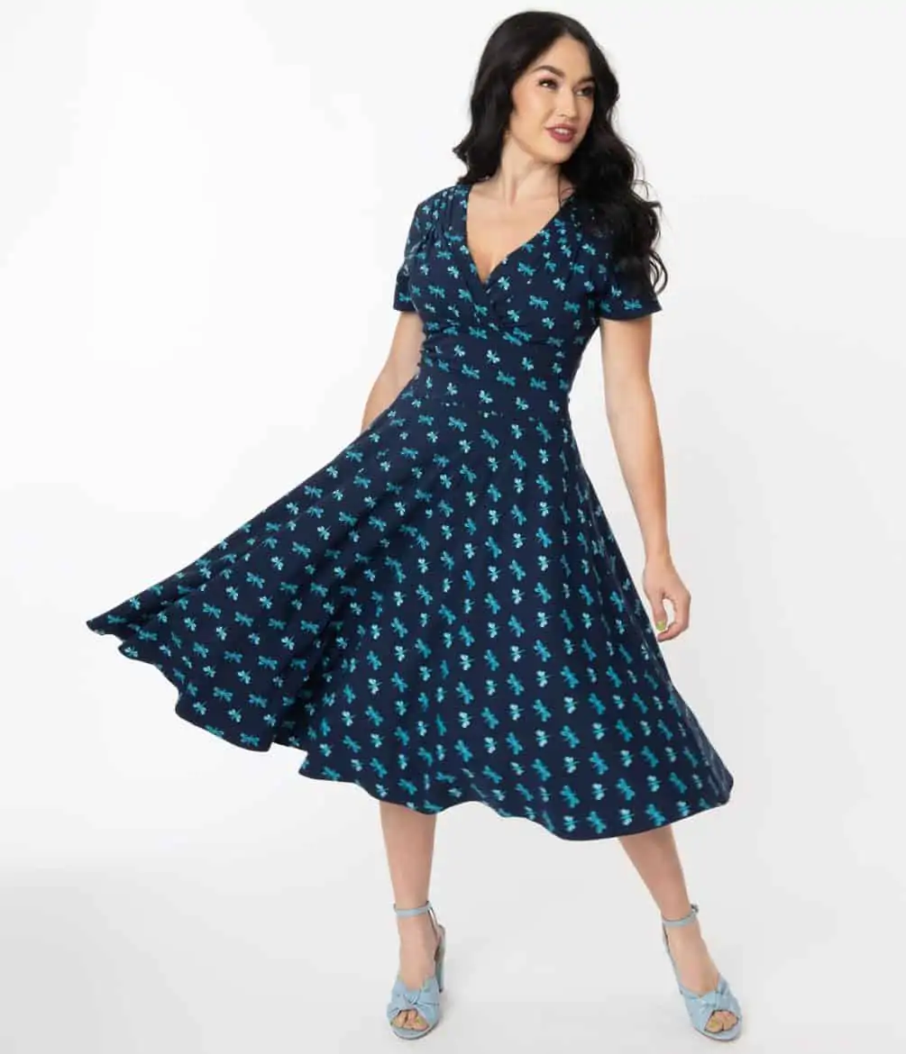 Unique Vintage Navy & Dragonfly Print Short Sleeve Delores Swing Dress