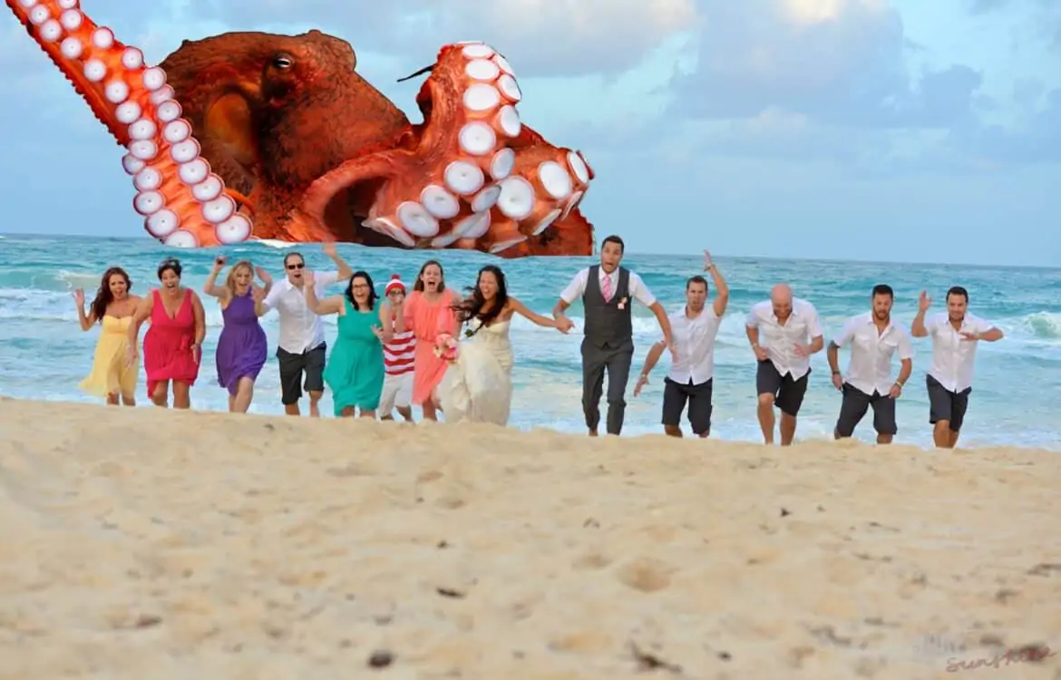 funny bridal party photos running from sea monster