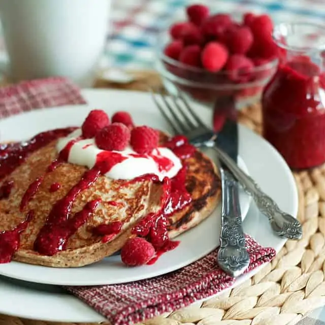 Raspberry Oatmeal Protein Pancakes