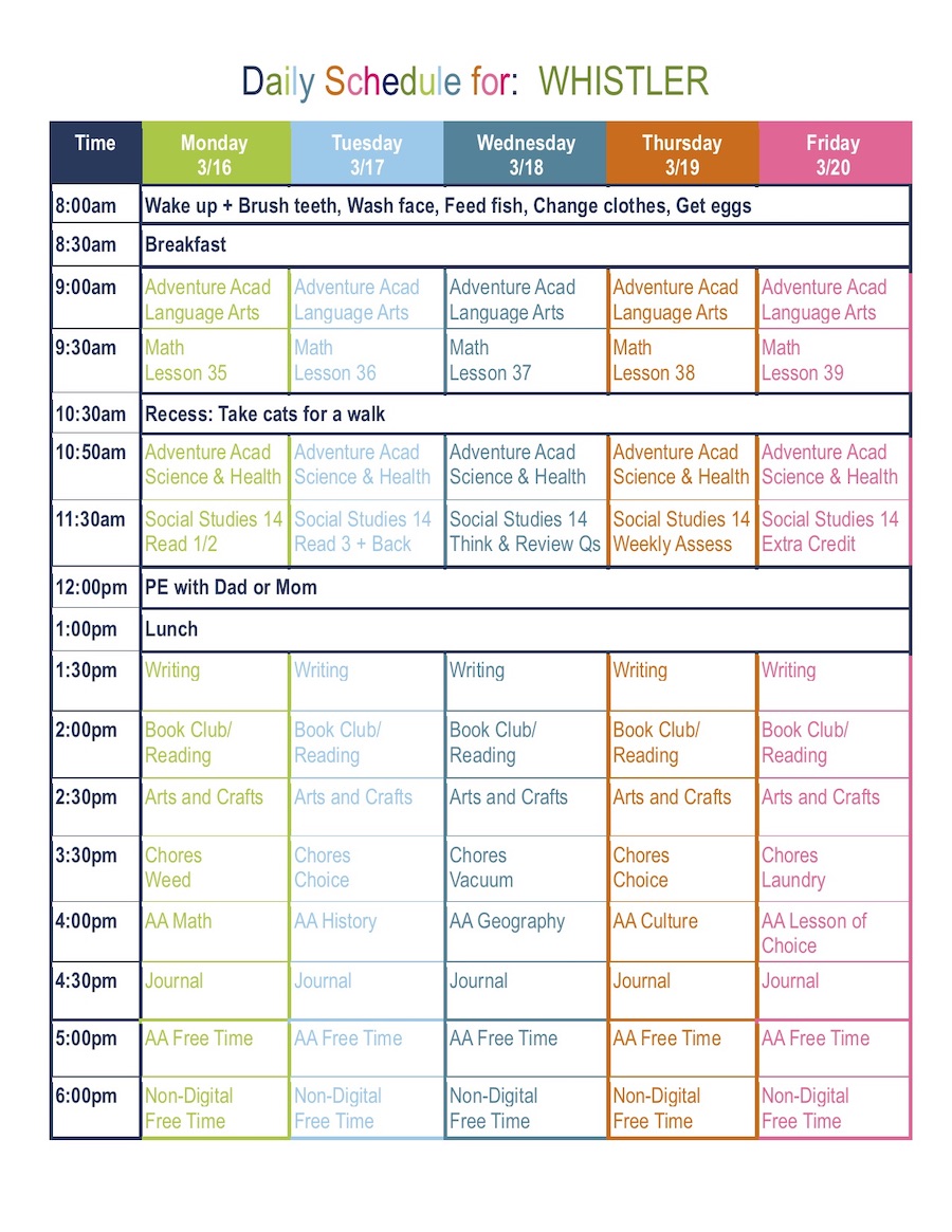 4th grade daily homeschool schedule template